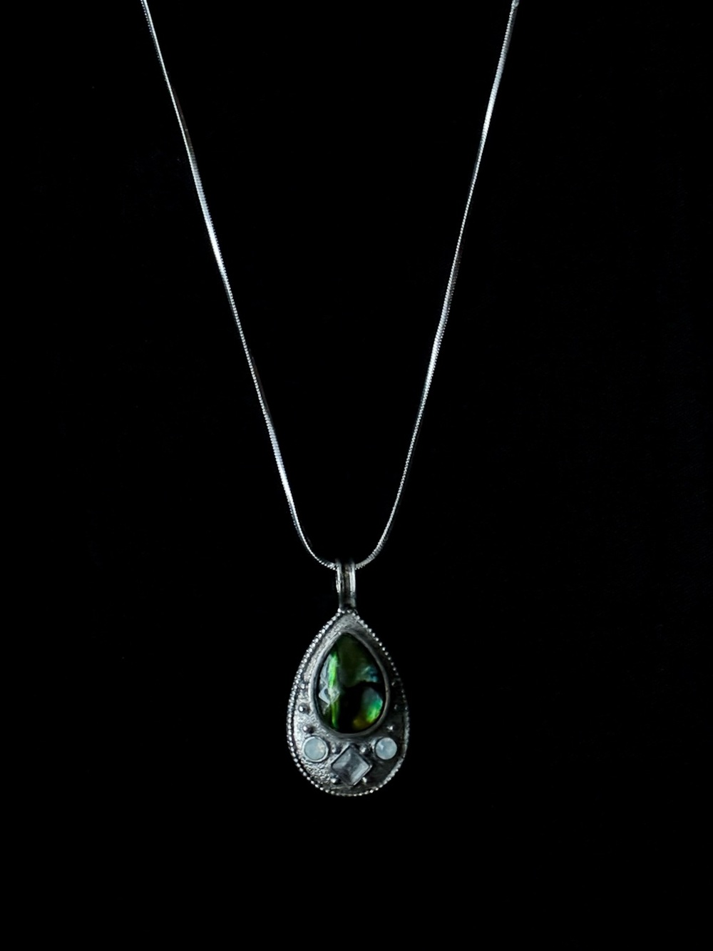 Silver-Tone Iridescent Green Abalone-Style Teardrop Pendant Necklace